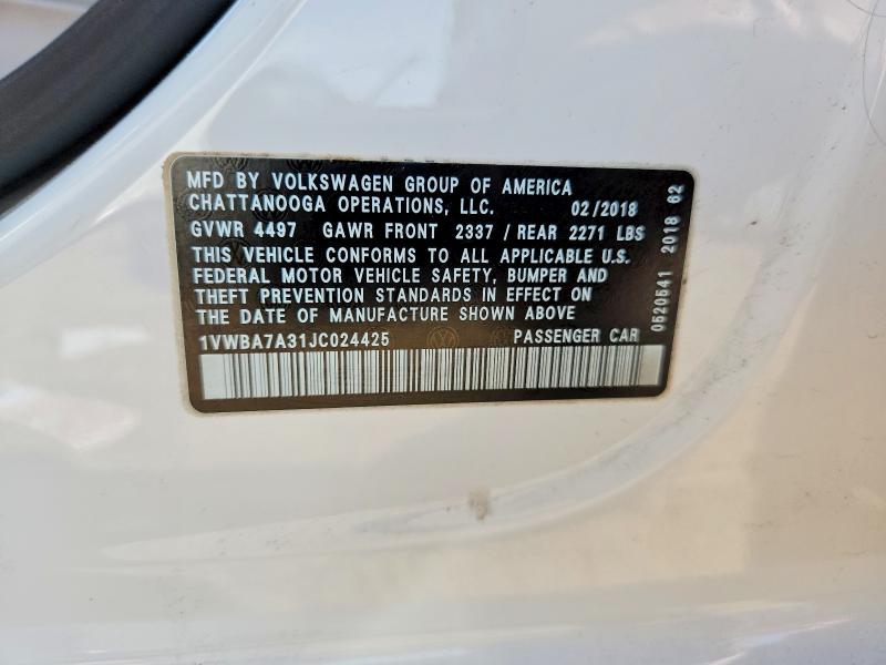 Aukcja sprzedaży 2018 Volkswagen Passat, vin: 1VWBA7A31JC024425, numer aukcji: 54973416