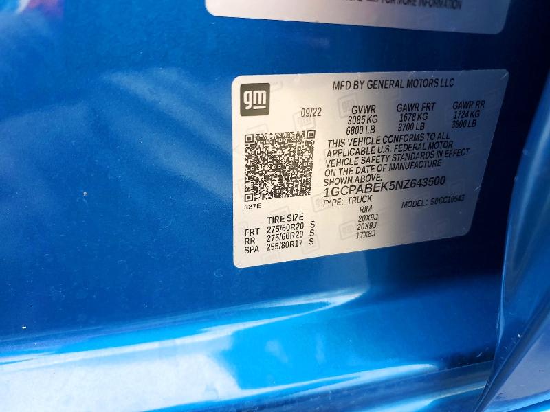 52217306 :رقم المزاد ، 1GCPABEK5NZ643500 vin ، 2022 Chevrolet Silverado مزاد بيع