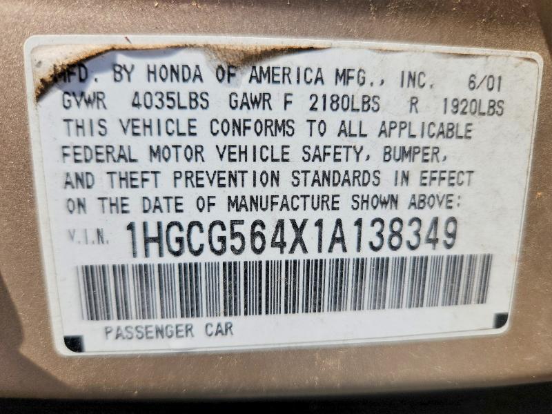 Auction sale of the 2001 Honda Accord, vin: 1HGCG564X1A138349, lot number: 54831306