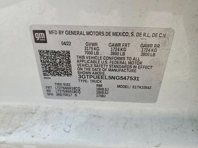 Продажа на аукционе авто 2022 Gmc Sierra, vin: 3GTPUEEL5NG547531, номер лота: 52398086