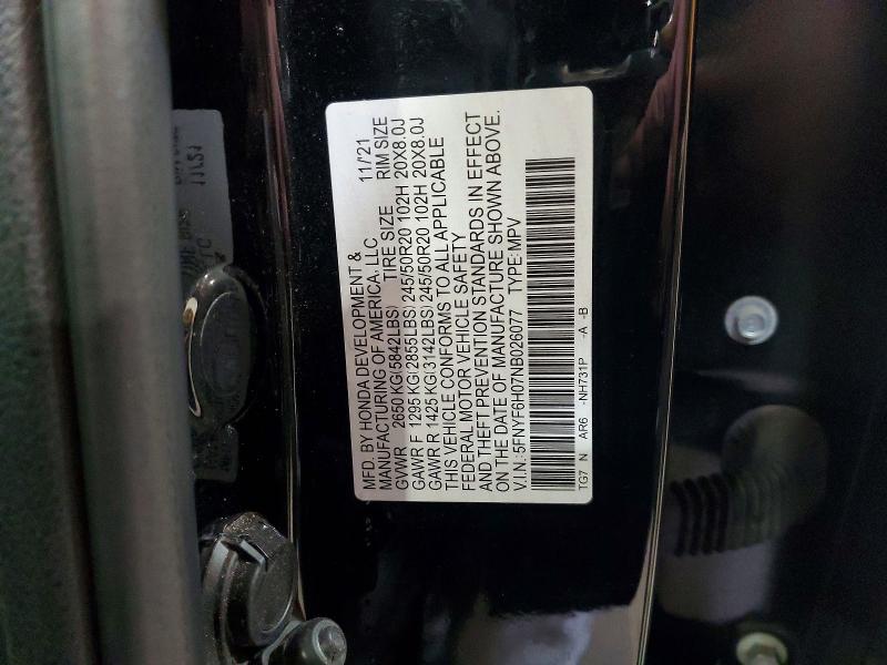 Продаж на аукціоні авто 2022 Honda Pilot, vin: 5FNYF6H07NB026077, номер лоту: 53924486