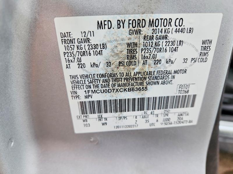 2012 Ford Escape მანქანა იყიდება აუქციონზე, vin: 1FMCU0D7XCKB63655, აუქციონის ნომერი: 53915766