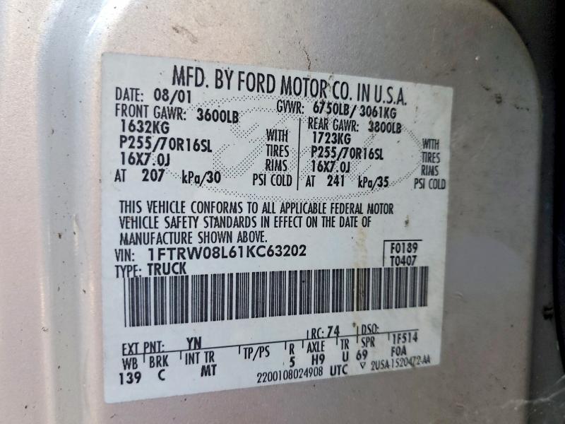 2001 Ford F150 მანქანა იყიდება აუქციონზე, vin: 1FTRW08L61KC63202, აუქციონის ნომერი: 53286526