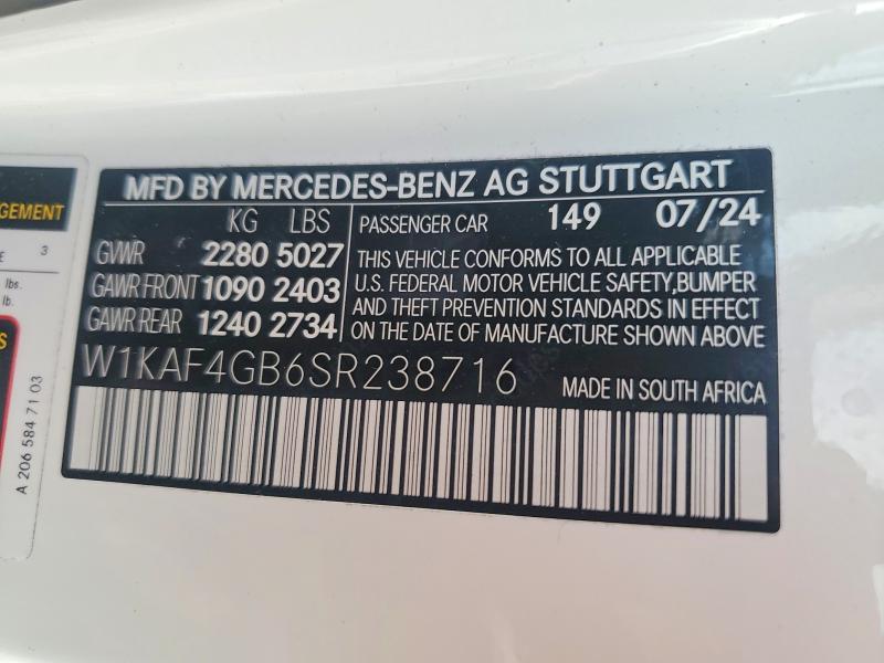 2025 Mercedes-benz C მანქანა იყიდება აუქციონზე, vin: W1KAF4GB6SR238716, აუქციონის ნომერი: 54986736