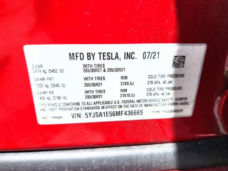 51589096 :رقم المزاد ، 5YJSA1E56MF436665 vin ، 2021 Tesla Model S مزاد بيع