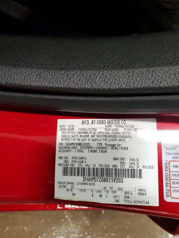 Aukcja sprzedaży 2008 Ford Fusion, vin: 3FAHP07Z08R159203, numer aukcji: 53785356