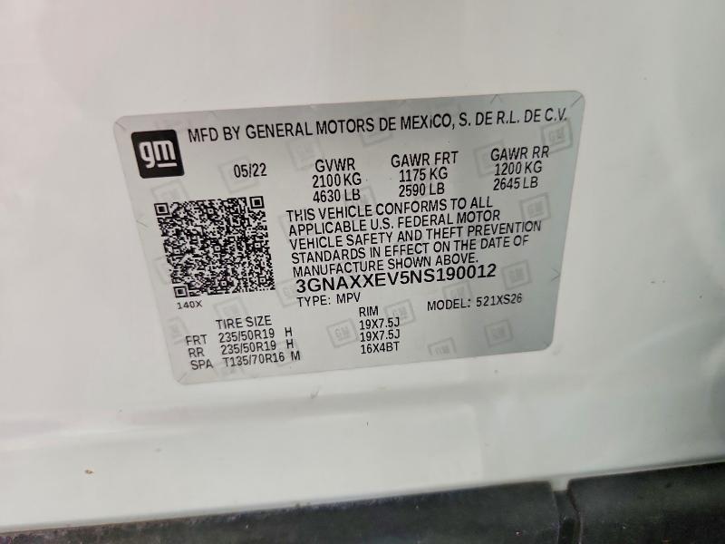Aukcja sprzedaży 2022 Chevrolet Equinox, vin: 3GNAXXEV5NS190012, numer aukcji: 52101806