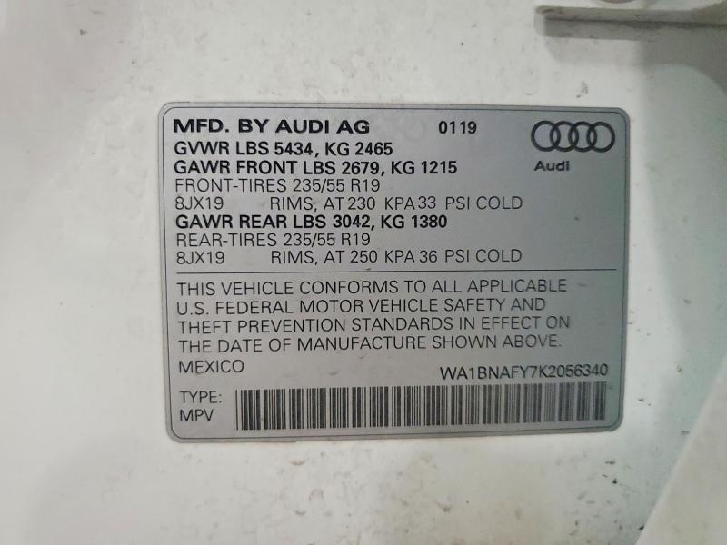 54335856 :رقم المزاد ، WA1BNAFY7K2056340 vin ، 2019 Audi Q5 مزاد بيع