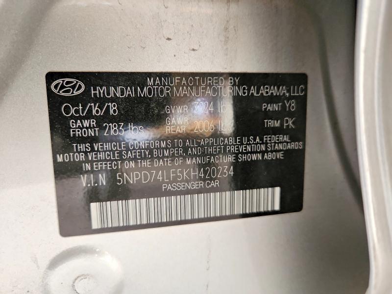 54194356 :رقم المزاد ، 5NPD74LF5KH420234 vin ، 2019 Hyundai Elantra مزاد بيع