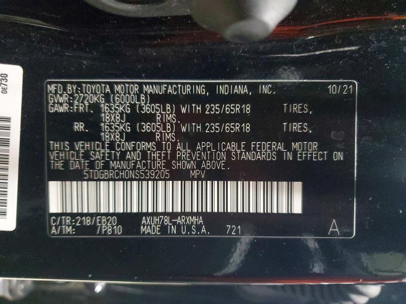 51858156 :رقم المزاد ، 5TDGBRCH0NS539205 vin ، 2022 Toyota Highlander Hybrid مزاد بيع