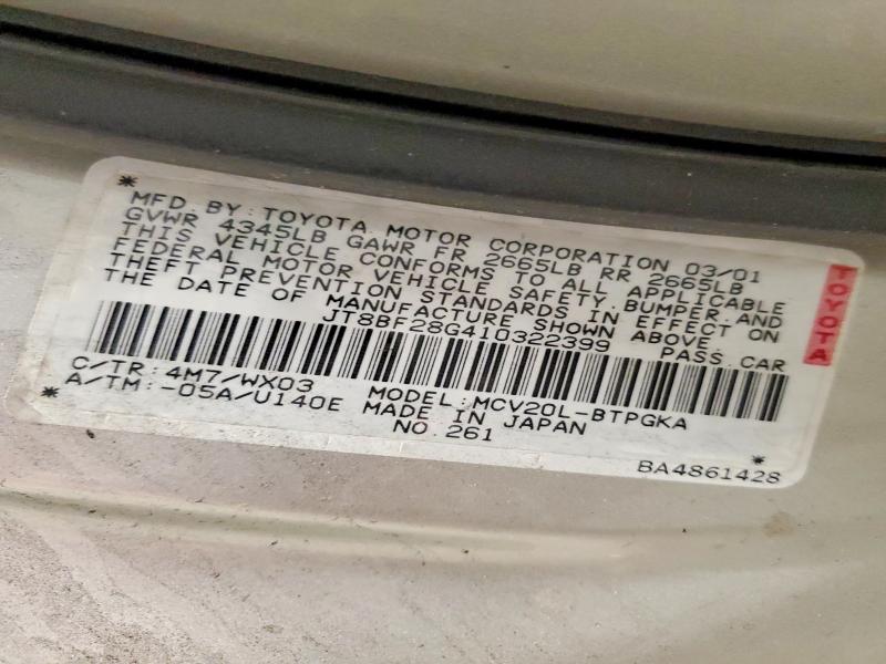 53936706 :رقم المزاد ، JT8BF28G410322399 vin ، 2001 Lexus Es مزاد بيع