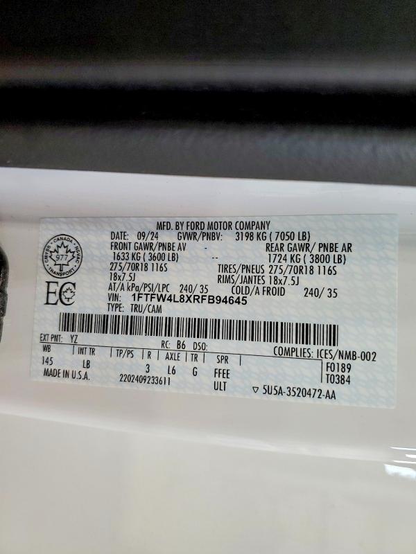 Aukcja sprzedaży 2024 Ford F150, vin: 1FTFW4L8XRFB94645, numer aukcji: 50113406