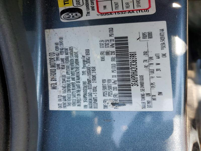 54811646 :رقم المزاد ، 3FAHP0HA2CR365981 vin ، 2012 Ford Fusion مزاد بيع