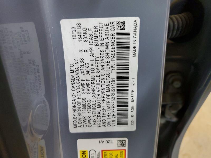2024 Honda Civic მანქანა იყიდება აუქციონზე, vin: 2HGFE2F5XRH514281, აუქციონის ნომერი: 52361276