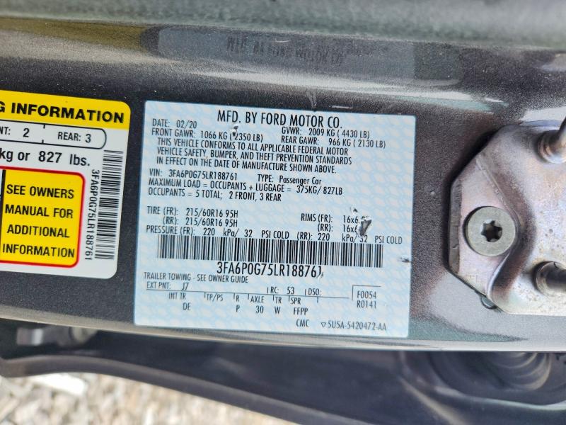 Продаж на аукціоні авто 2020 Ford Fusion, vin: 3FA6P0G75LR188761, номер лоту: 54304576