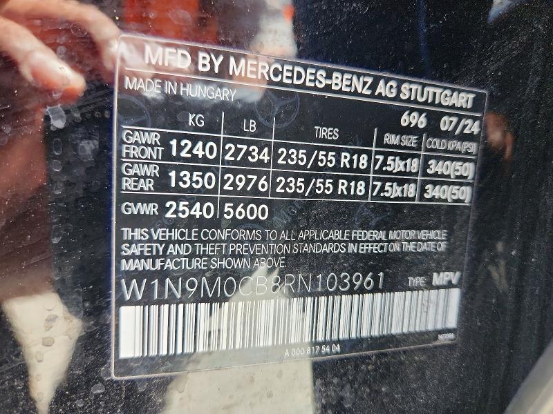 54002986 :رقم المزاد ، W1N9M0CB8RN103961 vin ، 2024 Mercedes-benz Eqb مزاد بيع