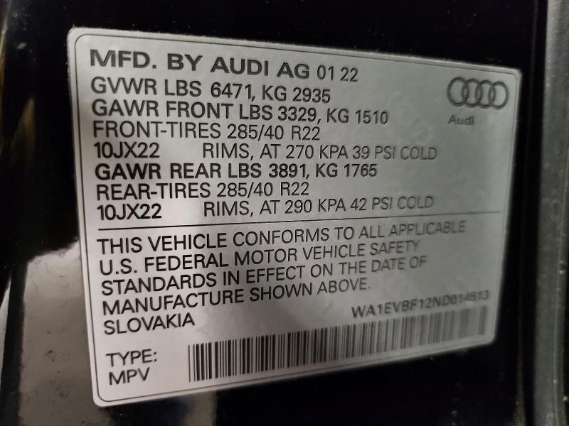Продаж на аукціоні авто 2022 Audi Q8, vin: WA1EVBF12ND014513, номер лоту: 50365126
