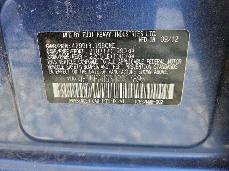 Aukcja sprzedaży 2013 Subaru Impreza, vin: JF1GPAU63D2217895, numer aukcji: 53455556