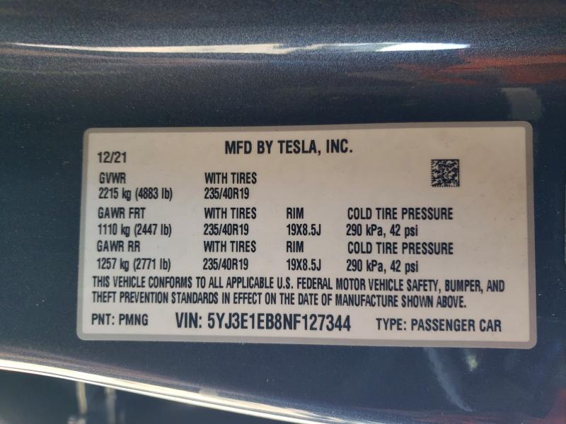53436486 :رقم المزاد ، 5YJ3E1EB8NF127344 vin ، 2022 Tesla Model 3 مزاد بيع