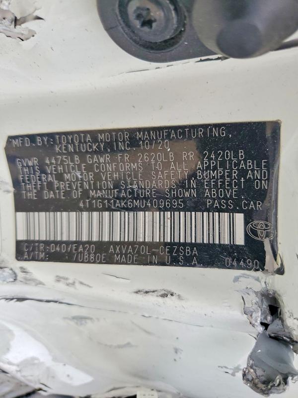 2021 Toyota Camry მანქანა იყიდება აუქციონზე, vin: 4T1G11AK6MU409695, აუქციონის ნომერი: 53064706