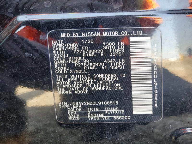 52790716 :رقم المزاد ، JN8AY2ND0L9108515 vin ، 2020 Nissan Armada مزاد بيع
