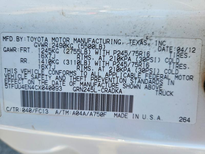 Aukcja sprzedaży 2012 Toyota Tacoma, vin: 5TFUU4EN4CX040093, numer aukcji: 53356156