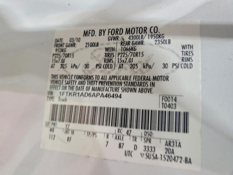 2010 Ford Ranger მანქანა იყიდება აუქციონზე, vin: 1FTKR1AD6APA46494, აუქციონის ნომერი: 53941166