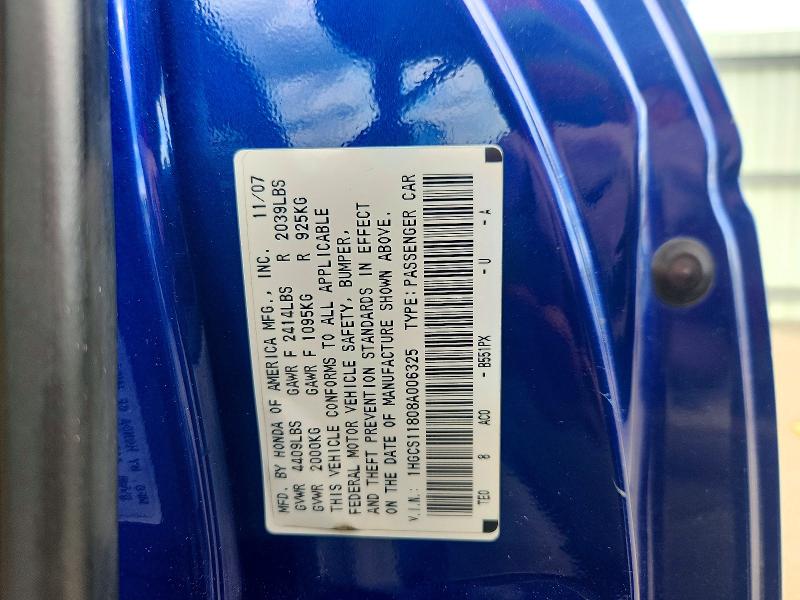 2008 Honda Accord მანქანა იყიდება აუქციონზე, vin: 1HGCS11808A006325, აუქციონის ნომერი: 55254936