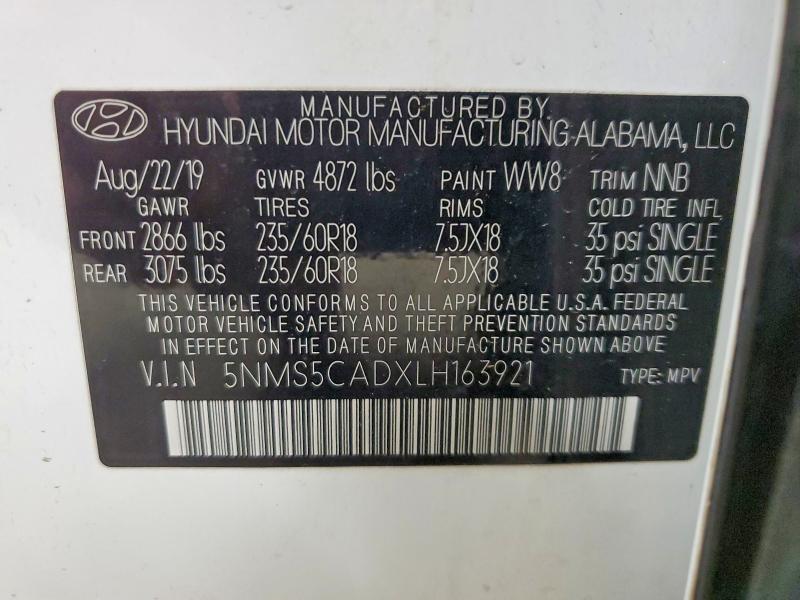 2020 Hyundai Santa Fe მანქანა იყიდება აუქციონზე, vin: 5NMS5CADXLH163921, აუქციონის ნომერი: 54081326