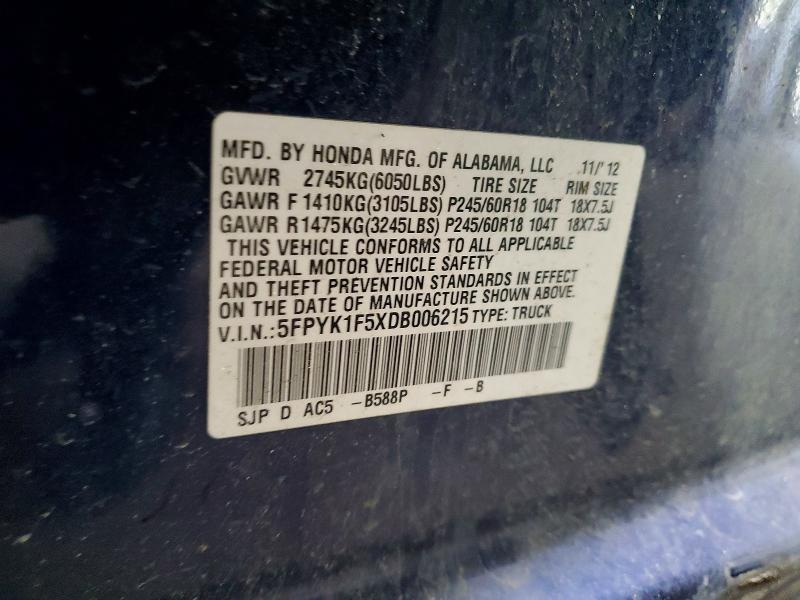 Продаж на аукціоні авто 2013 Honda Ridgeline, vin: 5FPYK1F5XDB006215, номер лоту: 53700706