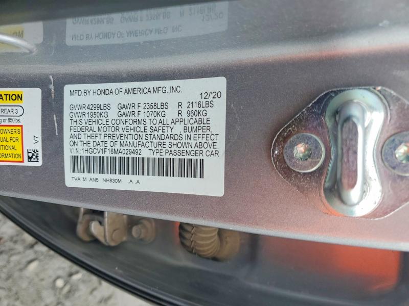 53342286 :رقم المزاد ، 1HGCV1F16MA029492 vin ، 2021 Honda Accord مزاد بيع