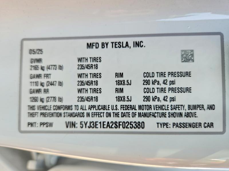53625576 :رقم المزاد ، 5YJ3E1EA2SF025380 vin ، 2025 Tesla Model 3 مزاد بيع