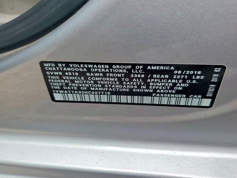 53830896 :رقم المزاد ، 1VWAT7A32HC007715 vin ، 2017 Volkswagen Passat مزاد بيع