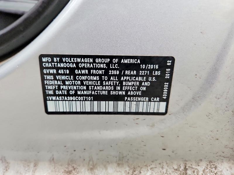 53834576 :رقم المزاد ، 1VWAS7A39GC007101 vin ، 2016 Volkswagen Passat مزاد بيع