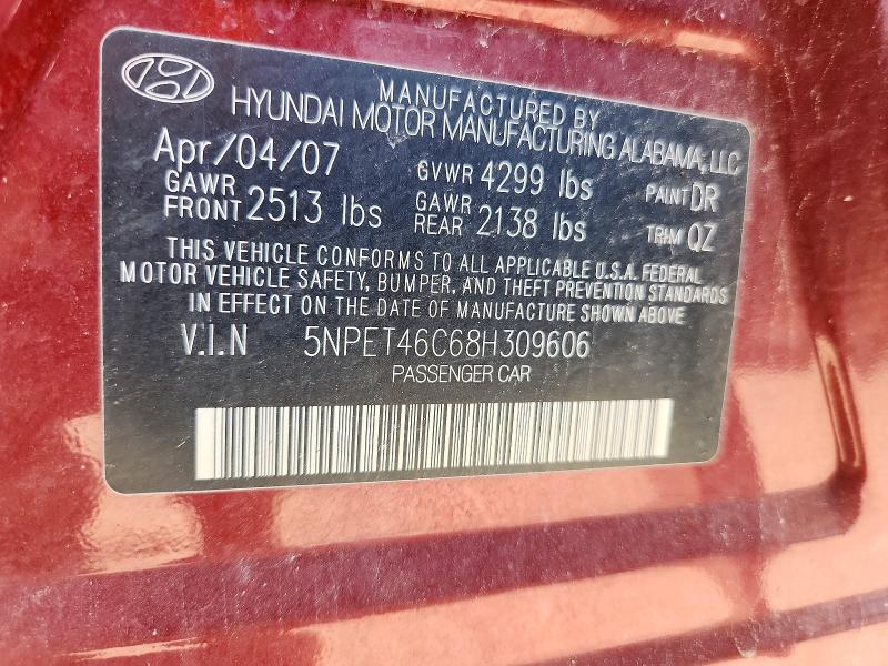 52952796 :رقم المزاد ، 5NPET46C68H309606 vin ، 2008 Hyundai Sonata مزاد بيع