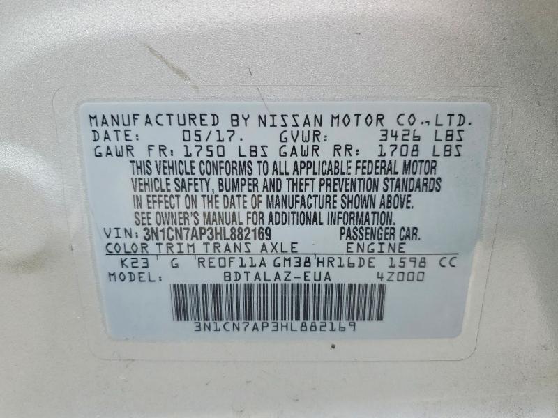 2017 Nissan Versa მანქანა იყიდება აუქციონზე, vin: 3N1CN7AP3HL882169, აუქციონის ნომერი: 53322926
