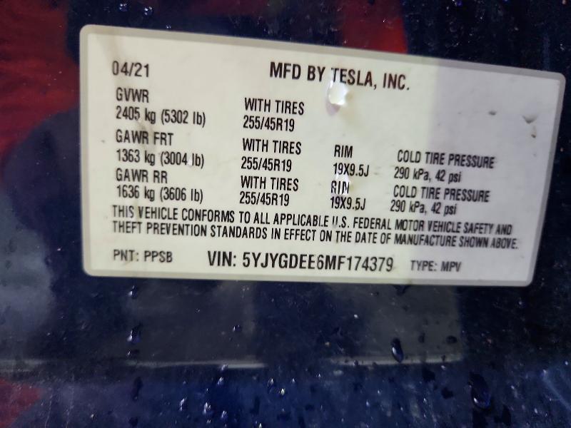 53463156 :رقم المزاد ، 5YJYGDEE6MF174379 vin ، 2021 Tesla Model Y مزاد بيع