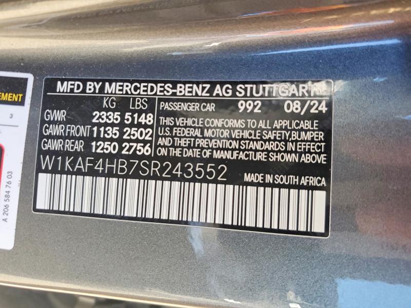 2025 Mercedes-benz C მანქანა იყიდება აუქციონზე, vin: W1KAF4HB7SR243552, აუქციონის ნომერი: 54785456