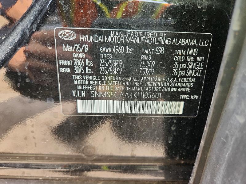 Auction sale of the 2019 Hyundai Santa Fe, vin: 5NMS5CAA4KH105601, lot number: 54715896