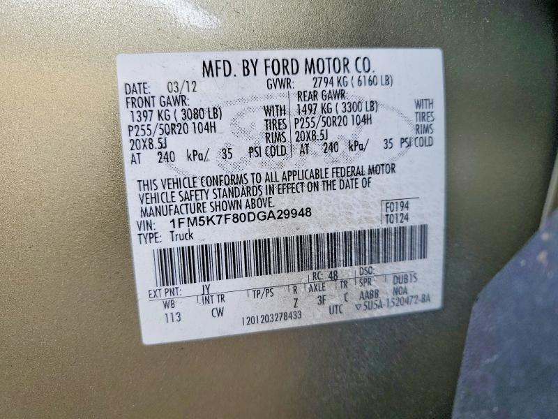 Aukcja sprzedaży 2013 Ford Explorer, vin: 1FM5K7F80DGA29948, numer aukcji: 54145726