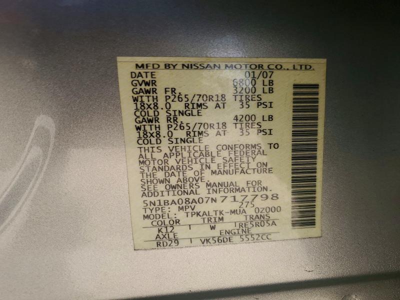 2007 Nissan Armada მანქანა იყიდება აუქციონზე, vin: 5N1BA08A07N717798, აუქციონის ნომერი: 51786326