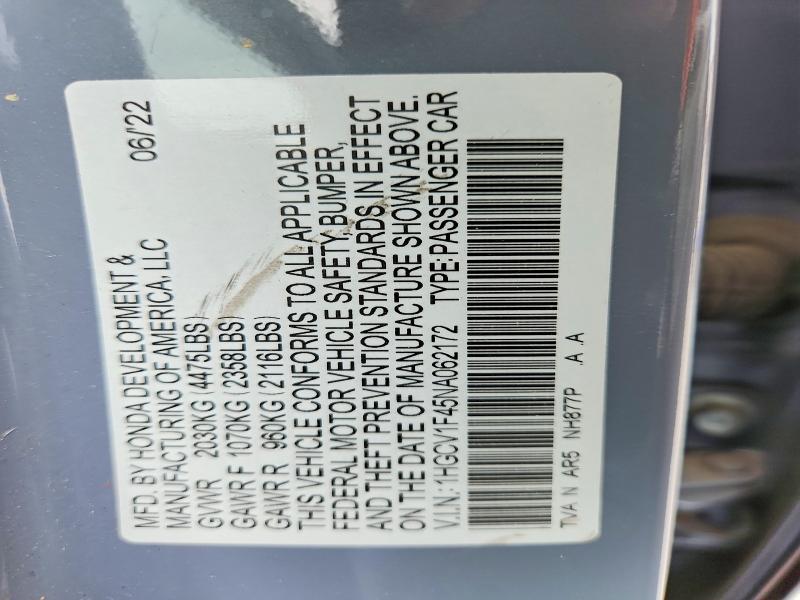 54603876 :رقم المزاد ، 1HGCV1F45NA062172 vin ، 2022 Honda Accord مزاد بيع