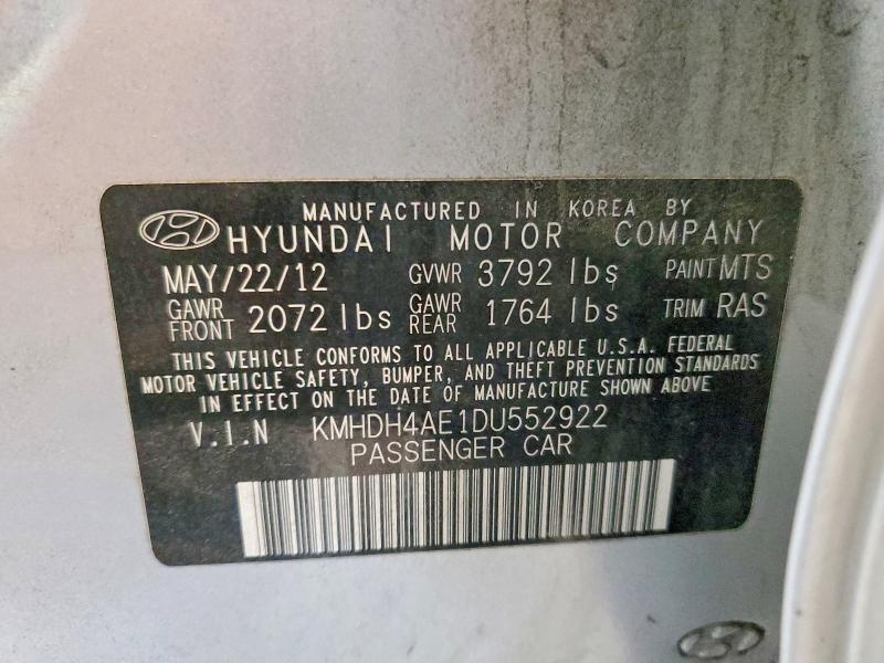 2013 Hyundai Elantra მანქანა იყიდება აუქციონზე, vin: KMHDH4AE1DU552922, აუქციონის ნომერი: 53991886