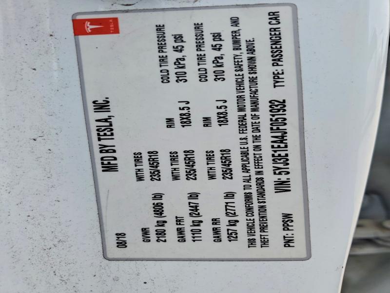 Aukcja sprzedaży 2018 Tesla Model 3, vin: 5YJ3E1EA4JF051932, numer aukcji: 50948236
