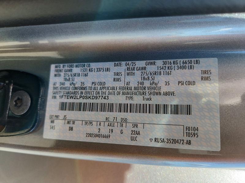 Продаж на аукціоні авто 2025 Ford F150, vin: 1FTEW2LP0SKD97743, номер лоту: 53066996