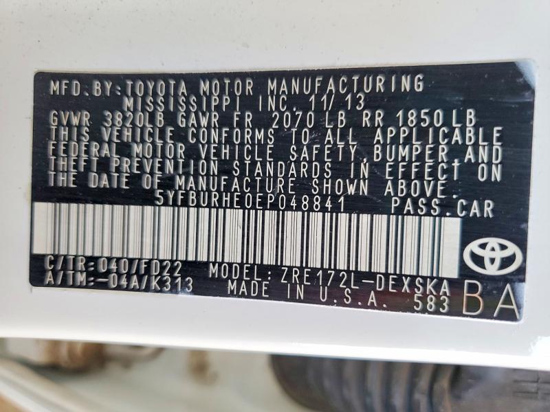 Aukcja sprzedaży 2014 Toyota Corolla, vin: 5YFBURHE0EP048841, numer aukcji: 53626756
