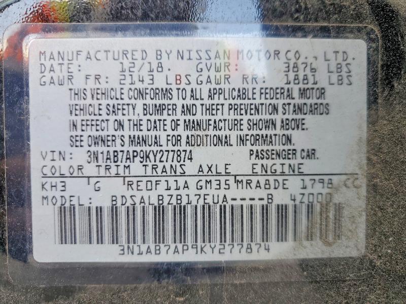 2019 Nissan Sentra მანქანა იყიდება აუქციონზე, vin: 3N1AB7AP9KY277874, აუქციონის ნომერი: 54950666