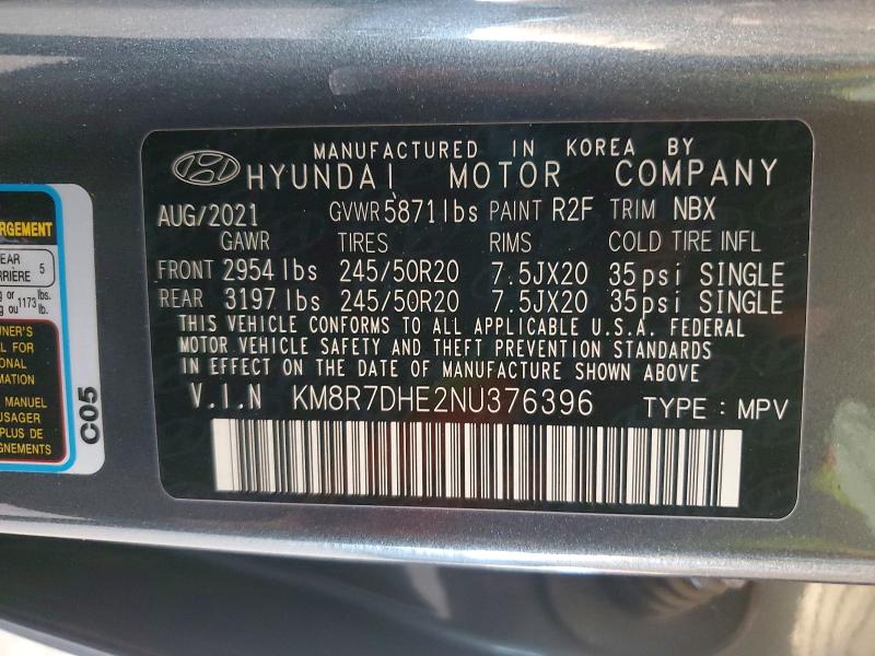 54910026 :رقم المزاد ، KM8R7DHE2NU376396 vin ، 2022 Hyundai Palisade مزاد بيع