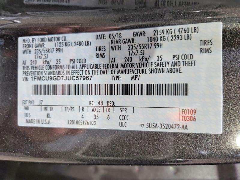 Aukcja sprzedaży 2018 Ford Escape, vin: 1FMCU9GD7JUC57967, numer aukcji: 52024886