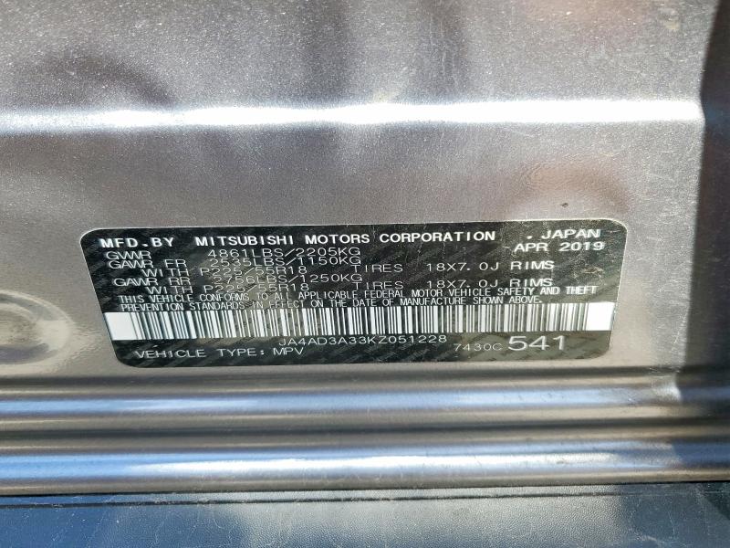 Aukcja sprzedaży 2019 Mitsubishi Outlander, vin: JA4AD3A33KZ051228, numer aukcji: 53341756